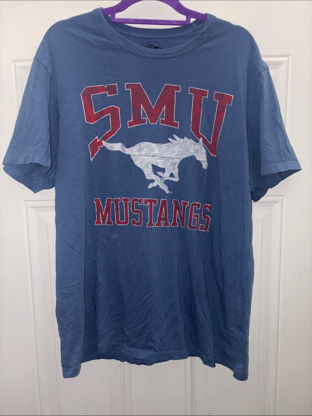 SMU Mustangs Short Sleeve Tee in Blue with Red Graphic